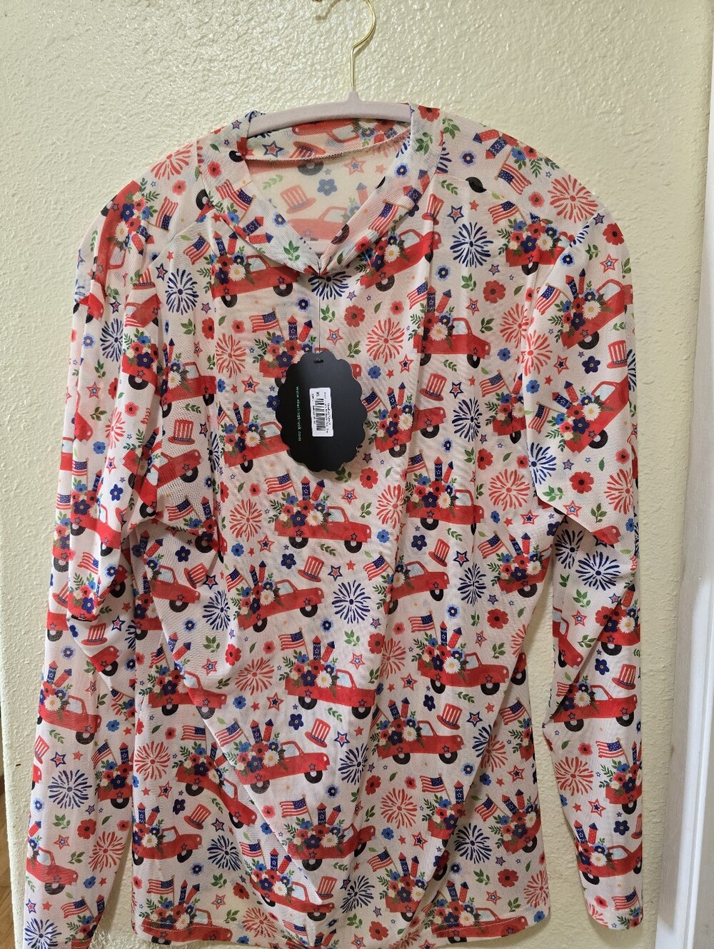 Mesh Patriotic Red Truck Print Long Sleeve Top